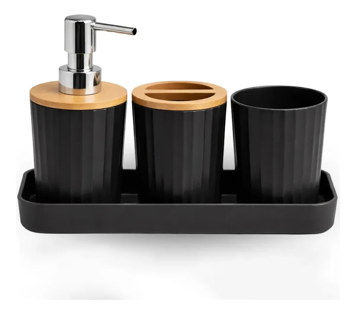 Kit Banheiro 4 Peças Bambu Organizador Lavabo Cor Preto