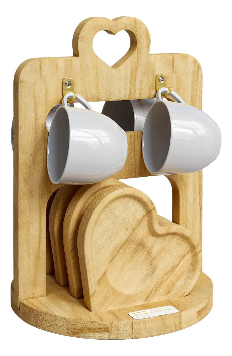 Jogo Xícara Café Porcelana e Pires Com Suporte Madeira Cor Branco